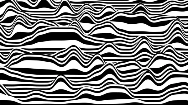 Trendy 3D sorte og hvide striber forvrænget baggrund. Proceduremæssig krusning baggrund med optisk illusion effekt – Stock-vektor