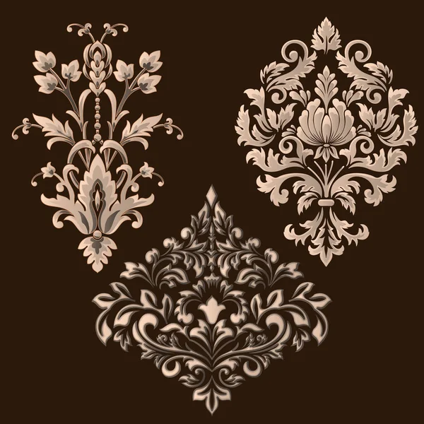 Vector set of damask ornamental elements. Elegant floral abstract elements for design. Perfect for invitations, cards etc. — Stock Vector