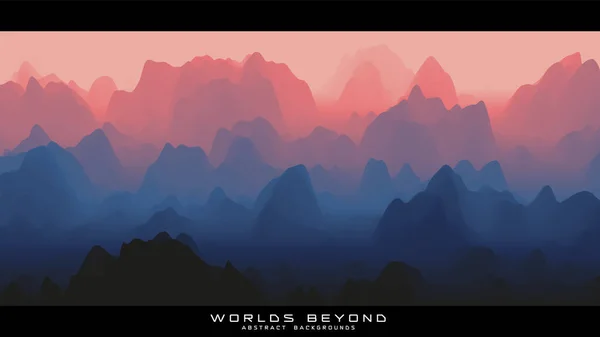 Nevoeiro sobre montanhas. Panorama da paisagem vetorial. Gradiente violeta abstrato terreno erodido. Mundos além. —  Vetores de Stock