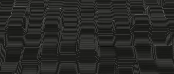 Monochromatyczna linia dźwiękowa fale abstrakcyjne tło. Zniekształcone kształty linii na czarnym tle. — Wektor stockowy