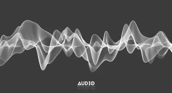 Onda de sonido de audio 3d. Oscilación de pulso de música blanca. Patrón de impulso brillante — Vector de stock