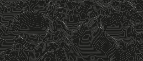Μονόχρωμη ηχητική γραμμή κύματα αφηρημένο φόντο. Παραμορφωμένα σχήματα γραμμών σε μαύρο φόντο. — Διανυσματικό Αρχείο