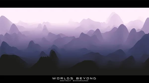 Mlha nad horami. Vektorové krajinné panorama. Abstraktní fialový gradient narušuje terén. Světy za. — Stockový vektor
