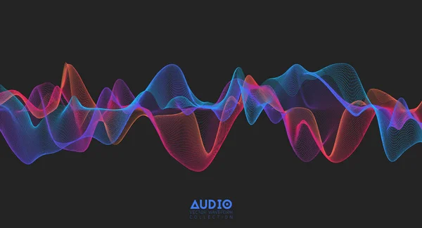 Onda de sonido de audio 3d. Oscilación colorida del pulso musical. Patrón de impulso brillante — Vector de stock