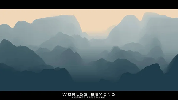 Paisaje gris abstracto con niebla brumosa hasta el horizonte sobre laderas de montaña. Gradiente erosionado superficie del terreno. Mundos más allá. — Vector de stock