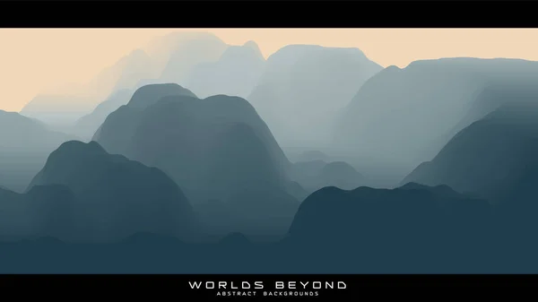 Abstract grijs landschap met nevelige mist tot horizon over berghellingen. Het terrein is geërodeerd. Werelden daarbuiten. — Stockvector