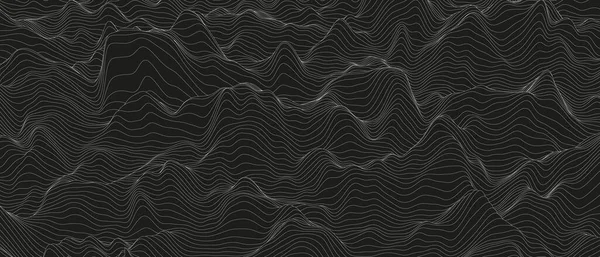 Fondo abstracto con formas de línea distorsionadas sobre un fondo negro. Ondas monocromáticas. — Vector de stock