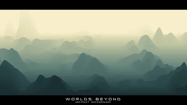 Paisaje verde abstracto con niebla brumosa hasta el horizonte sobre laderas de montaña. Gradiente erosionado superficie del terreno. Mundos más allá. — Vector de stock