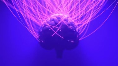 Brain with many connected wires. Metaverse cyberpunk concept. Futuristic neuron link animation. 3d render.