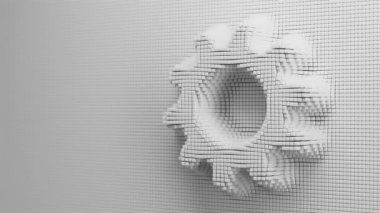 White pin art wall with rotating extruded cogwheel. Concept of process in progress, loading, preparing. 3d render.