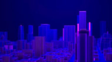 Fly around metaverse city. Ultraviolet cyberpunk town. 3d render.