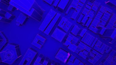 Top view on metaverse city. Ultraviolet cyberpunk town. 3d render illustration.