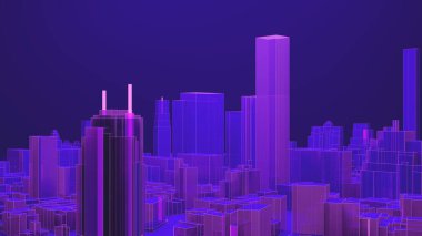 Side view on metaverse city. Ultraviolet cyberpunk town. 3d render illustration.