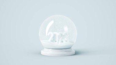 Glass snow ball with 2023 and falling snow inside. Happy New Year 3d render background loopable.