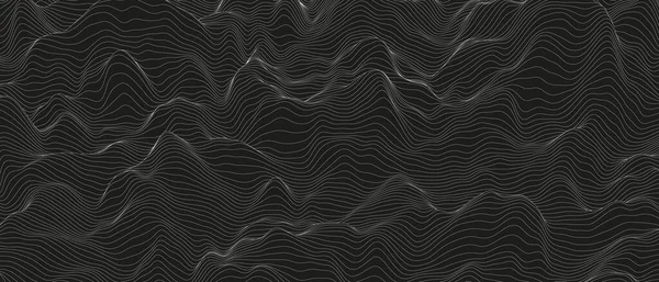 黒の背景に線の形が歪んでいる抽象的な背景 モノクロームサウンドライン波 — ストックベクタ