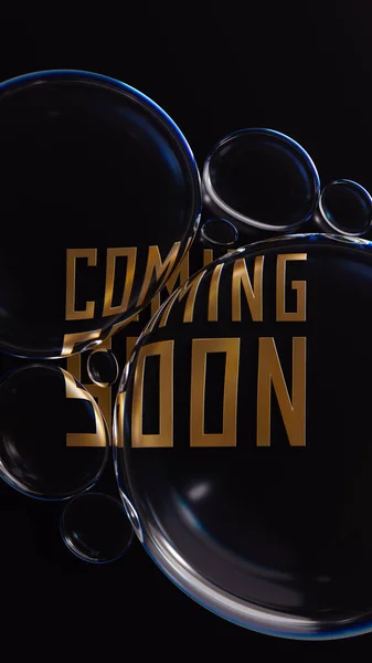 Glass drops over Golden Coming Soon text on dark backdrop. Social media post promotion. 3d render illustration.