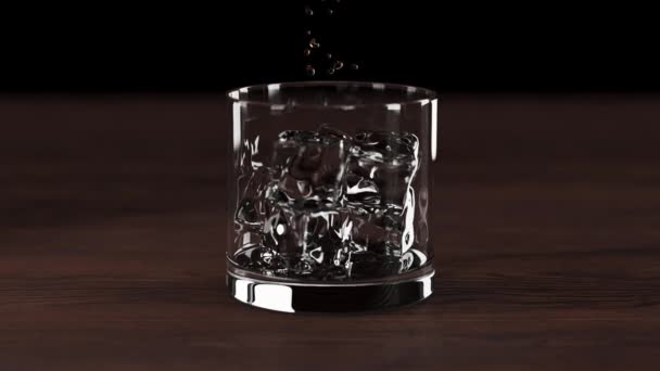 威士忌在杯子里倒入冰块 具有浅层场深度的液体流动 3D渲染 — 图库视频影像