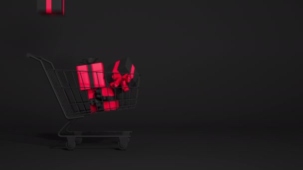 购物车与下落礼品盒黑色星期五销售背景 3D渲染现实的动画 — 图库视频影像