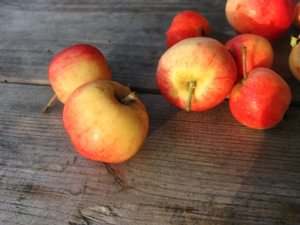 Red apples on a wooden surface in the autumn evening — Stock Photo, Image