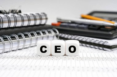 İş ve finans kavramı. Masada, ofis eşyalarının arasında, yazılı küplerin arasında - CEO.