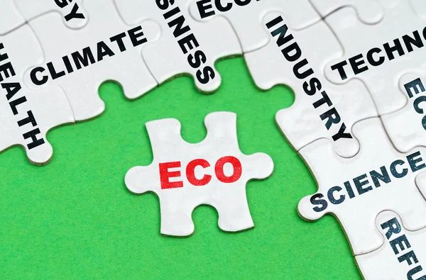環境概念 緑の背景に テキスト付きの白いパズル 碑文付きのパズル Eco — ストック写真