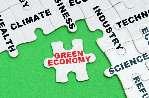 Environmentální Koncept Zeleném Pozadí Bílé Hádanky Textem Skládačka Nápisem Zelená — Stock fotografie