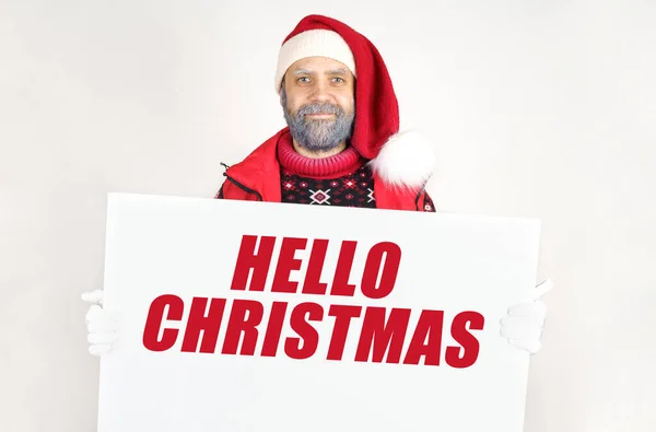 Conceito Natal Papai Noel Está Segurando Sinal Com Inscrição Hello — Fotografia de Stock