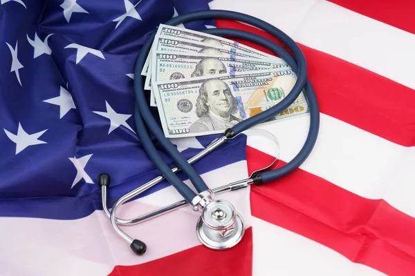 Medicine Economics Concept Stethoscope Dollars Usa Flag — Stock Photo, Image