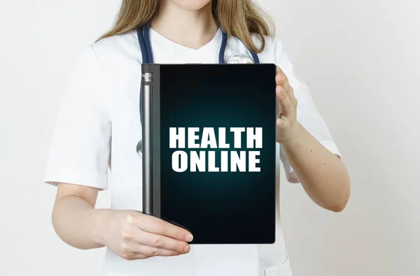Medicine Health Concept Doctor Holding Tablet Inscription Health Online — Stock Photo, Image