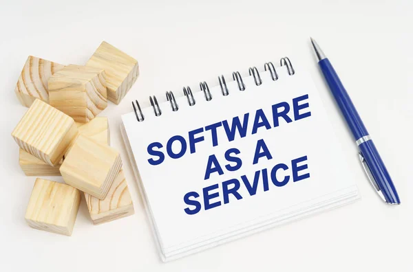 互联网和安全概念 桌上有立方体 一支钢笔和一个笔记本 上面有题词 Software Service — 图库照片