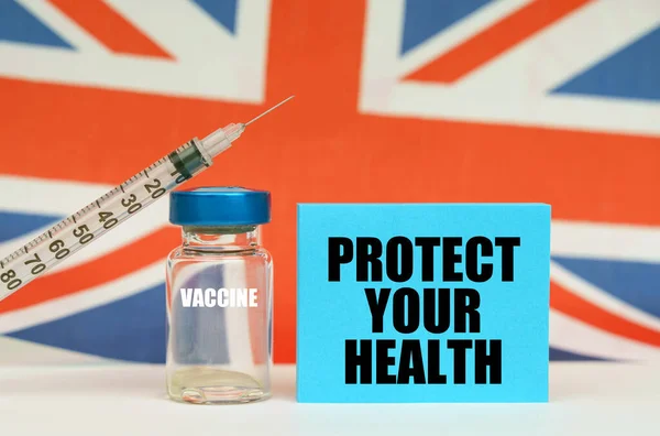 Concept Médecine Vaccin Seringue Plaque Bleue Avec Inscription Protégez Votre — Photo