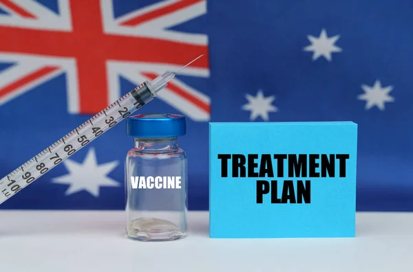Medizinkonzept Impfstoff Spritze Und Blauer Teller Mit Der Aufschrift Behandlungsplan — Stockfoto
