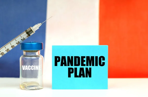 Medizinkonzept Impfstoff Spritze Und Blauer Teller Mit Der Aufschrift Pandemic — Stockfoto
