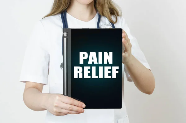 Medicine Health Concept Doctor Holding Tablet Inscription Pain Relief — Stock Photo, Image