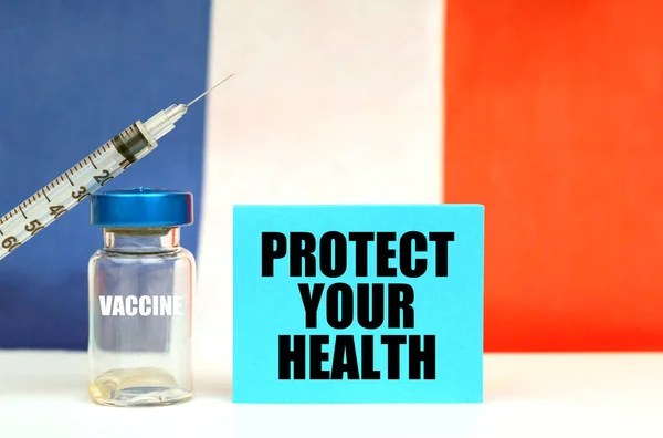Medizinkonzept Impfung Spritze Und Blauer Teller Mit Der Aufschrift Schutz — Stockfoto
