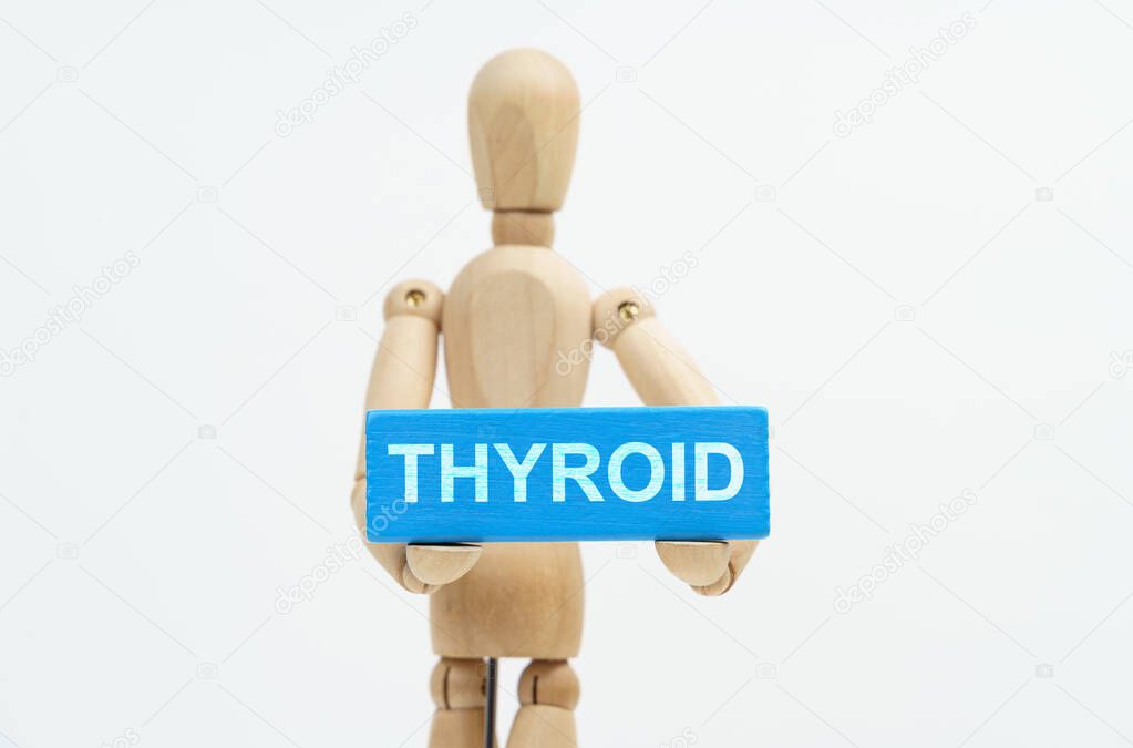 Medicine and healthcare concept. A figurine of a man holds in his hands a blue wooden block with the inscription THYROID. The figurine is out of focus.