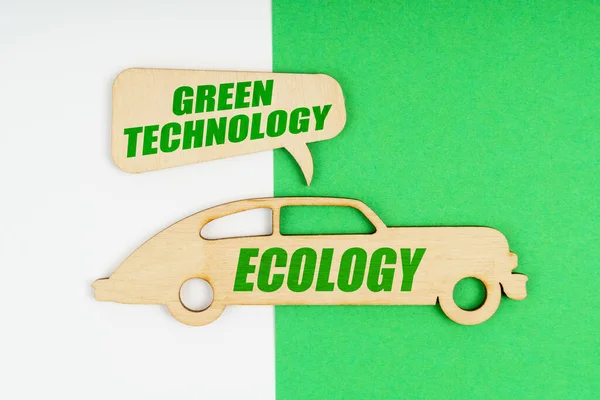 Environmental Concept White Green Background Wooden Figure Car Inscription Ecology — Stockfoto