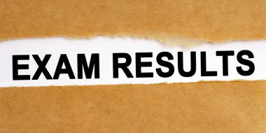 Eğitim konsepti. El işi kağıdının ortasında bir boşluk var, içinde beyaz arkaplanda bir yazı var - Sınav sonuçları