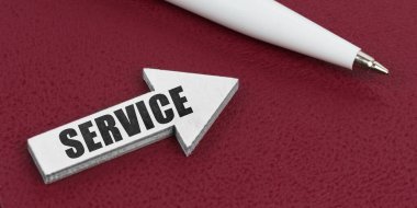 İş ve finans kavramı. Kırmızı bir arka planda beyaz bir kalem ve beyaz bir ok bulunur - SERVICE