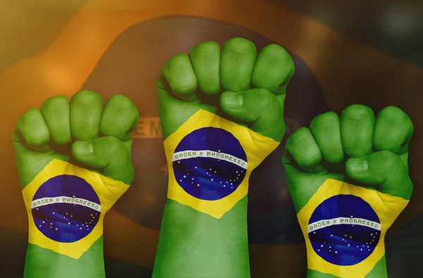 Die Brasilianische Flagge Wird Mit Geballter Faust Hintergrund Gezeichnet Das — Stockfoto