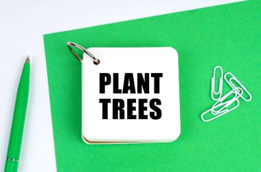 Ekoloji ve endüstri kavramı. Beyaz bir yüzeyde yeşil bir kağıt, bir kalem ve üzerinde ağaç dikme yazılı bir defter bulunur.