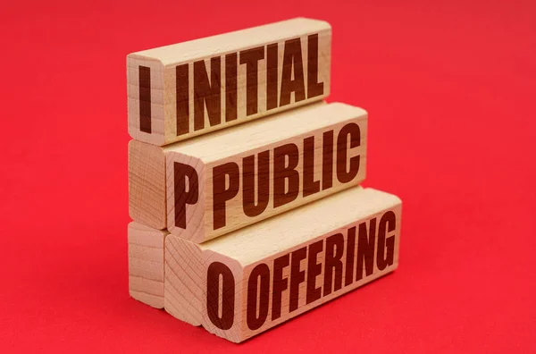 Business Economy Concept Red Background Wooden Blocks Inscription Initial Public — Stok fotoğraf
