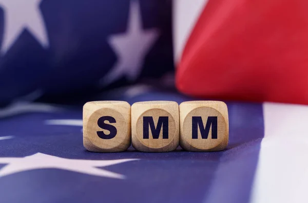 American Economy Business Concept Flag Has Cubes Inscription Smm — ストック写真