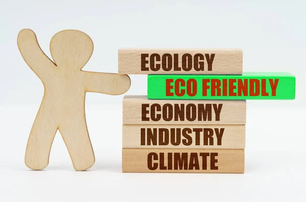 Ecology Industry Concept Wooden Man Moves Green Block Inscription Eco — Foto Stock