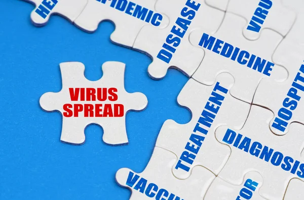 医学と健康の概念 青い面では 医療碑文を持つパズルは それが書かれている別のパズルで ウイルスの拡散 — ストック写真