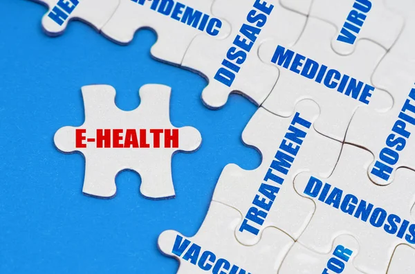 Medicine Health Concept Blue Surface Puzzles Medical Inscriptions Separate Puzzle — Stock Photo, Image