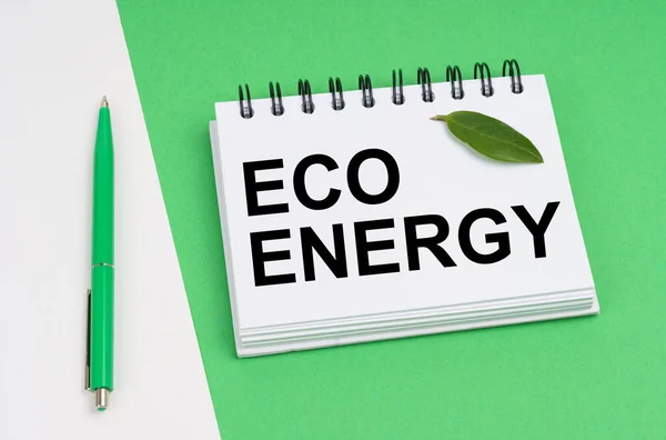 生態学的概念 白緑の背景にペンと碑文とノートパッドがあります エコエネルギー ノートに植物の緑の葉があります — ストック写真