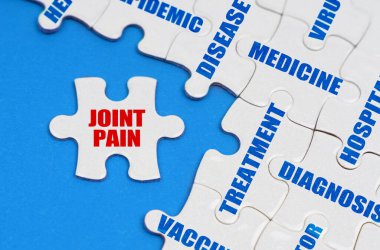 Mavi yüzeyde, tıbbi yazıtlarla ilgili bulmacalar, ayrı bir bulmaca üzerine yazılmış - JOINT PaIN