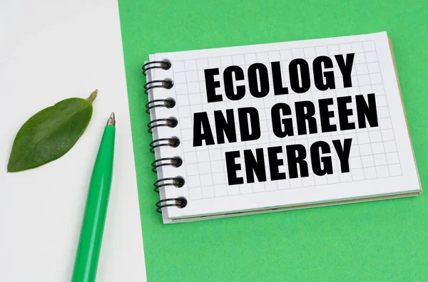 Ekologický Koncept Bílo Zeleném Pozadí Leží Pero List Rostliny Poznámkový — Stock fotografie