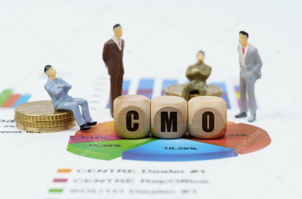 Business and finance concept. On financial reports with diagrams, figures of businessmen and wooden cubes with the inscription - CMO